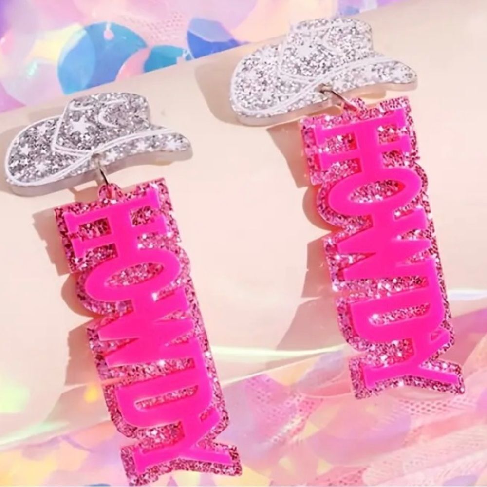 Howdy Western Cowgirl pink glitter earrings  cowboy hat, Nashville bachelorette